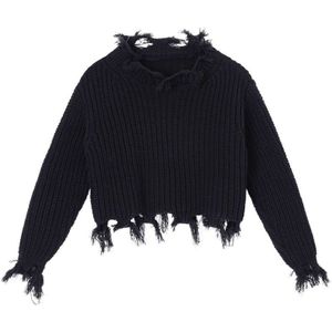 [Eam] Zwarte Kwasten Big Size Breien Trui Losse Ronde Hals Lange Mouw Vrouwen Truien Mode Herfst Winter 1Z546