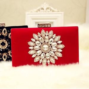 Mode Strass Bloem Bruiloft Avondtasje Banket Rood Zwart Diamond Velour Bridal Party Diner Clutch Bag Lady Fluwelen Purse