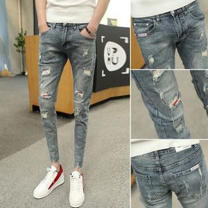 Trendy Mannen Jeans Zomer Enkellange Broek Gescheurd Gat Trendy Slim Skinny Voeten Broek Sociale Guy Tieners Jeans mannen