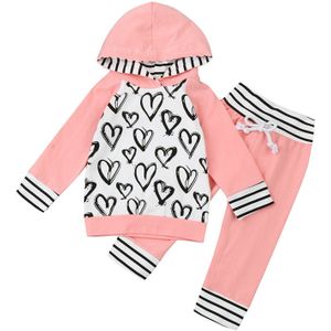 #50 0-24M Peuter Kids Baby Jongens Meisjes Leuke Gedrukt Lange Mouwen Heart Print Hoodded Tops + Broek Outfits Set Рождественск