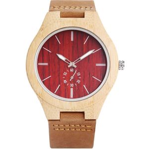 Beknopte Quartz Analoge Mannen Houten Horloge Rode Wijzerplaat Custom Hout Horloges Modieuze Bruin Lederen Horloge Houten Herren Uhren