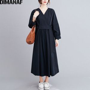 Dimanaf Plus Size Vrouwen Jurk Vestidos Herfst Katoen Losse Geplooide Lady Lange Mouwen Jurk Oversized Kleding Solid Black