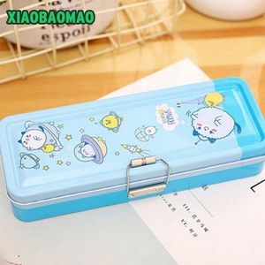 Dubbeldeks Iron Case Pennenbakje, roze/Blauw Kawaii Dier Metalen Dubbellaags Etui voor Scholieren