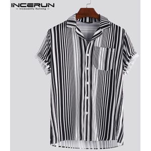 Incerun Mode Mannen Shirt Gestreepte Zakken Revers Hals Korte Mouw Losse Strand Shirts Mannen Cool Streetwear Chic Camisa Tops