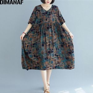 Dimanaf Plus Size Jurk Vrouwen Kleding Vintage Print Plaid Zomer Zonnejurk Elegante Vrouwelijke Lady Vestidos Casual Losse Jurk