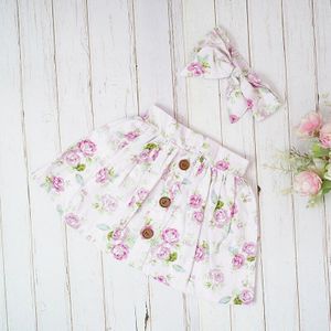 Baby Meisjes Rokken Zomer Katoen Bloemen Knop Knielengte Tutu Blauw Roze Bloemenprint Skrit Matched Hoofdband Setjupe Rokken