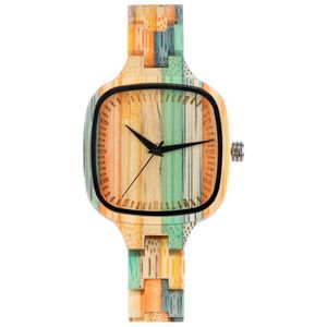 Unieke Kleurrijke Houten Horloge vrouwen Horloge Mode Kleur Stiksels Bamboe Houten Quartz Top Luxe Horloges voor Dames Meisjes