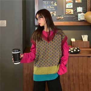 Kleurrijke Vesten Vrouwen Fall Casual Losse V-hals Knit Truien Mouwloze Vrouwelijke Street Style Hit Kleur Gebreide Vesten