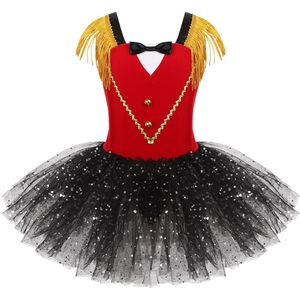 Kids Meisjes Tutu Jurk Halloween Circus Circusdirecteur Kostuum Dancewear Mouwloze Kwastje Folie Pailletten Mesh Turnpakje Kerst Outfit