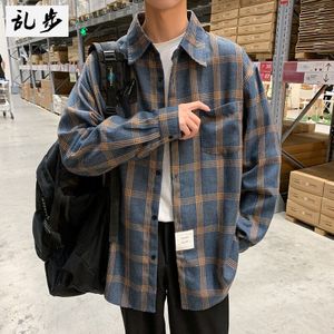 Grote Maat Japanse Lattice Mannen Shirt Knop Blauw Losse Casual Shirt Heren Lange Mouwen Vintage Herfst Eenvoudige Mens Kleding MM60NCS