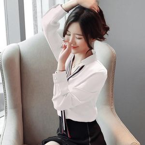 Shirts Vrouwen Koreaanse Chiffon Blouses V-hals Lange Mouw Formele Patchwork Tops Dragen Om Femme Blusas Wit Rood Mujer Blusas