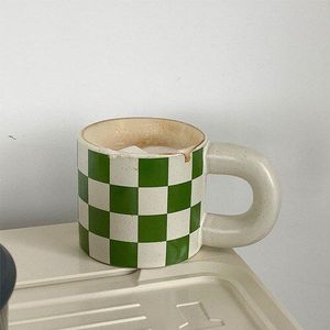*Mushrooms 9527 * Korean Style Retro Green Checkerboard Grid Ceramic Mug Hemp Dot Coffee Mug Latte Mug Couple Mug