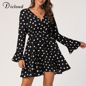 Dicloud Polka Dot Vrouwen Zwarte Jurk V Hals Lange Flare Mouw Ruches Herfst Mini Party Jurk Elegante Effen Dames Kleding xxl