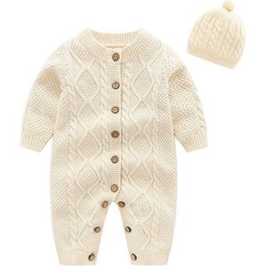 Newborn Infant Baby Boys Girls Sweaters Romper Knit Long Sleeve Warm Winter Jumpsuit Outfits Clothes + Hat