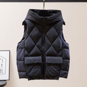 Plus Size Vrouwen Korte Vest Solid Casual Winter Mouwloze Jas Hooded Stand Kraag Grote Zakken Katoen Gevoerde Dikke Overjas