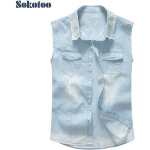 Sokotoo mannen licht bleke blauw lichtgewicht dunne denim vest Slim mouwloze casual katoenen shirt Tank top
