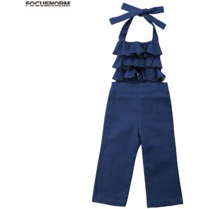 Nieuw Zomer Mode Peuter Kinderen Meisjes Denim Blauw Bib Broek Mouwloze Riem Ruches Slanke Overalls Outfit 1-6Y