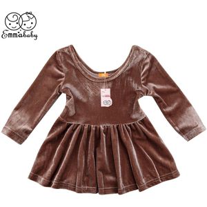 Leuke Pasgeboren Baby Girl Kid lange mouwen effen kleur mooie Party Jurk Voorjaar Top Vintage Fluwelen meisje zonnejurk