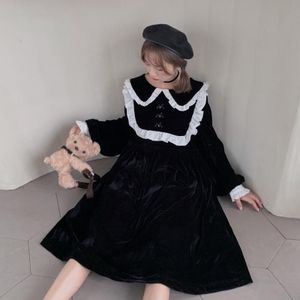 Japanse Retro Donkere Herfst & Winter Jurk Vrouwelijke College Stijl Pop Kraag Lange Mouw Jurk Kawaii Lolita Zwarte Kostuums VO741
