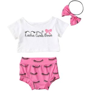 Pasgeboren Peuter Baby Meisjes Kleding Sets Korte Mouw Print T Shirts Tops + Roze Shorts Hoofdband Kinderen Kleding