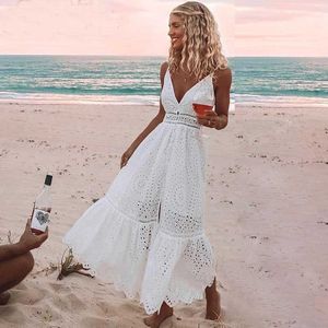 Boho Jurk Exotische Katoen Hollow Out V-hals Lange Zomer Jurk Bandjes Mouwloze Vrouwen Jurk Jurk Vrouwelijke Vestido