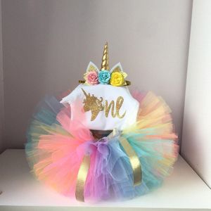 Baby Eenhoorn Jurk Cartoon Meisjes Kleding Regenboog Kleur Tutu Jurk Een Jaar Verjaardag Kleding 1st Party Kostuum Zomer Katoen Dragen