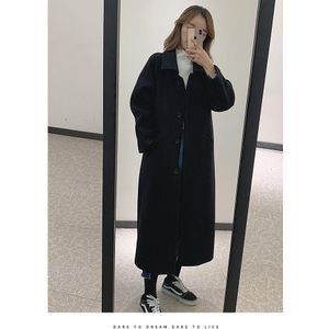 Dames Medium Lange Koreaanse Stijl Wollen Jas Lente Herfst Kraag Zwarte Bovenkleding Vrouwen Slim Jassen Abrigo Mujer