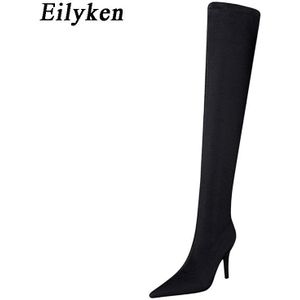 Eilyken Herfst Winter Dunne Hoge Hakken Over De Knie Laarzen Vrouwen Slim Stretch Stof Puntige Teen Dames Nachtclub Schoenen Pompen