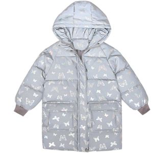 4-13Yrs Meisjes Parka Winter Jas Gewatteerde Jassen Voor Kinderen Mode Reflecterende Vlinder Print Hooded Warm Katoen Bovenkleding