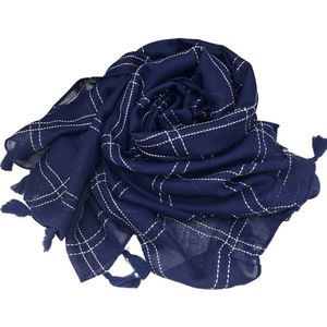 Marte & Joven Klassieke Plaid Borduurwerk Katoen Pashmina Sjaals voor Vrouwen Herfst/Winter Solid Thicken Marineblauw Lange Sjaals Wraps