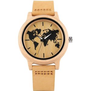 Eenvoudige Art Inkt Maple World Map Patroon Wijzerplaat Horloge Vrouwen Hout Horloge Lederen Band Casual Quartz Houten Horloges Dames klok