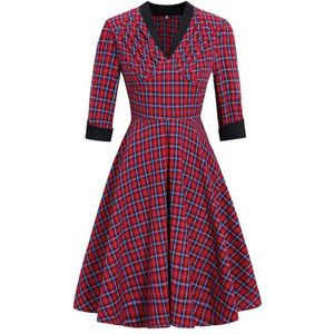 Tonval Vintage Gewaad Ruches V-hals Tartan Elegante Partij Midi Vrouwen Jurk Plaid Hoge Taille Pin Up Retro Jurken