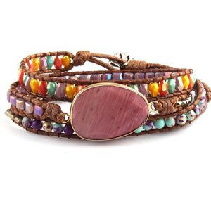 Rh Mode Kralen Armbander Groen/Paars Natuurlijke Stenen Charm 3 Strengen Lederen Wrap Armbanden