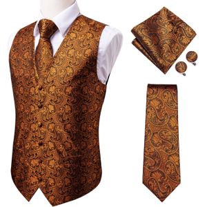 Hi-Tie Mannen Pak Vest Set Oranje Goud Paisley Zijden Jurk Vest Set Voor Mannen Jacquard vest Voor Bruiloft Jas