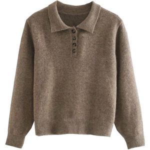 Vintage Chic Knoppen Cropped Gebreide Polo Shirt Trui Vrouwen Herfst Mode Elegante Lange Mouwen Tops Dames Knitwear