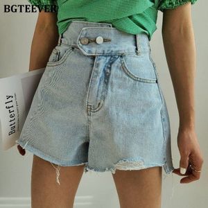 Bgteever Hoge Taille Dubbele Knop Jeans Shorts Voor Vrouwen Zomer Chic Ripped Rand Vrouwelijke Denim Shorts Casual Bottoms