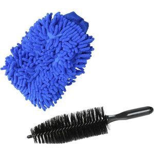 1 Paar Premium Microfiber Chenille Super Absorberende Wassen En Wax Handschoen, wasstraat Mitts Blauw & 1Pcs Zwarte Truck Auto Auto Wheel Tire