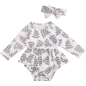 Pasgeboren Baby Meisjes Lange Mouw Romper + Haarband Leaf Print Klassieke Ronde Hals Hoge Elastische Lente Herfst Kleding