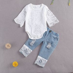 Baby Meisjes '0-24M Lange Mouwen Kant Romper Pak Driehoek Kruis Ronde Hals Lace Top Lange Jeans Denim set