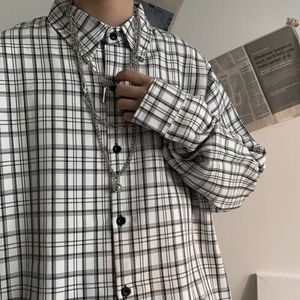 Casual Wit Plaid Mannen Shirt Knop Vintage Eenvoudige Losse Shirt Mannen Lange Mouwen Kemeja Pria Koreaanse Student Heren Kleding MM60NCS