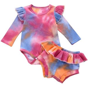 Baby Baby Meisjes Herfst 2 Stuks Set Tie-Dye Uitlopende Lange Mouw Romper + Verstoorde Shorts Outfits Kleding