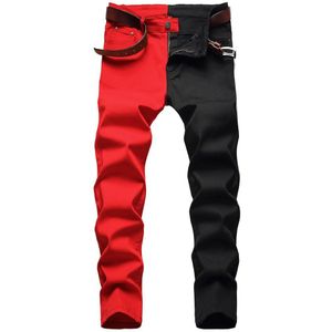 Mannen Rood Zwart Patchwork Spliced Denim Jeans Mode Slanke Rechte Stretch Broek Contrast Kleur Broek