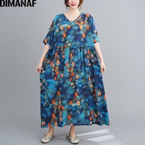 Dimanaf Plus Size Vrouwen Jurk Vintage Print Zomer Zonnejurk Vrouwelijke Vestidos Elegante Dame Lange Maxi Jurk Katoen Losse 5XL 6XL