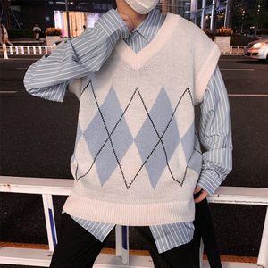 Vest Mannen Argyle V-hals Novelty Plus Size Herfst Trendy Koreaanse Mode Kleding Heren Vest Casual Mouwloze Vesten Zachte