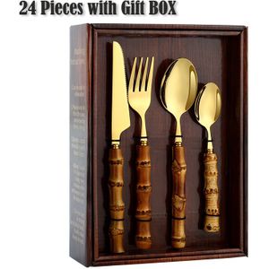 4-24Pcs Natuurlijke Bamboe Servies Set Rvs Omvat Vork Mes Lepel Set Bestek Met Geschenkdoos Servies bestek Set
