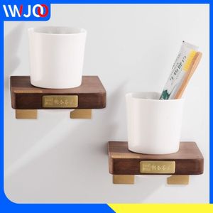 Tandenborstelhouder Set Glazen Beker Glashouder Messing Houten Scandinavische Stijl Badkamer Accessoires Tandenborstel Houder Wandmontage