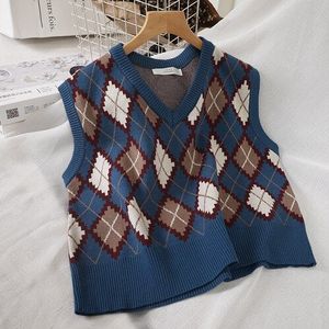 Vrouwen Zoete Mode Argyle Gebreide Vest Trui Vintage V Hals Mouwloze Vrouwelijke Vest Chic Tops Y2K Kleding