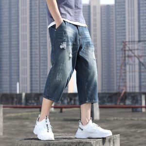 Hip Hop Kalf-Lengte Jeans Mannen Gescheurd Bekrast Blauw Rechte Denim Broek Gewassen Blauw Katoen Toevallige Heren Korte Jeans broek