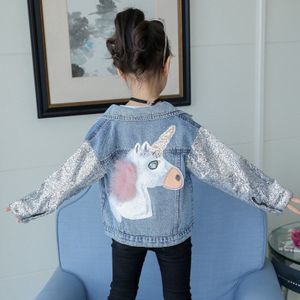 Mode Kinderen Meisjes Kleding Pailletten Lange Mouwen Turn Down Kraag Eenhoorn Denim Jas Uitloper Lente Herfst Jas