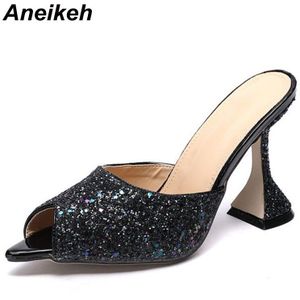 Aneikeh Vrouwen Glitter Pailletten Hak Sandalen Peep Toe Basic Hoge Hakken Sandalen Dames Schoenen Party Rome Pompen zwart